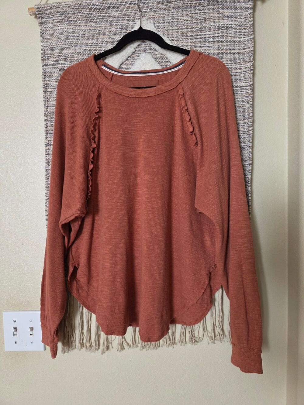 Pilcro Anthropologie Large Rust Brown Waffle Knit Long Sleeve Ruffle Top